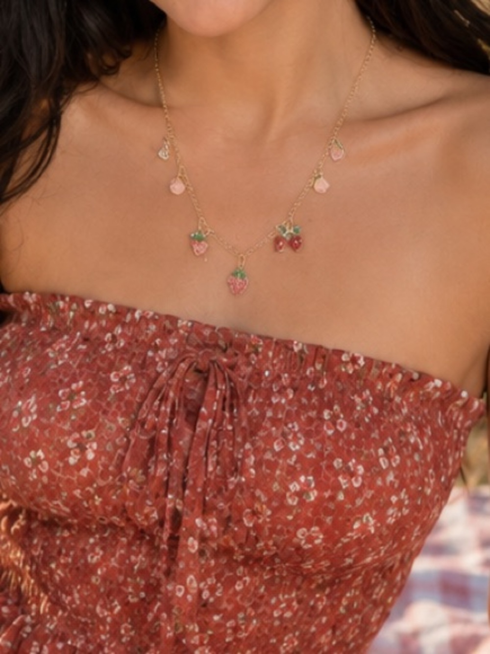 Strawberry Charm Necklace & Pineapple Earrings Set - Gold Tone, Pink & Green